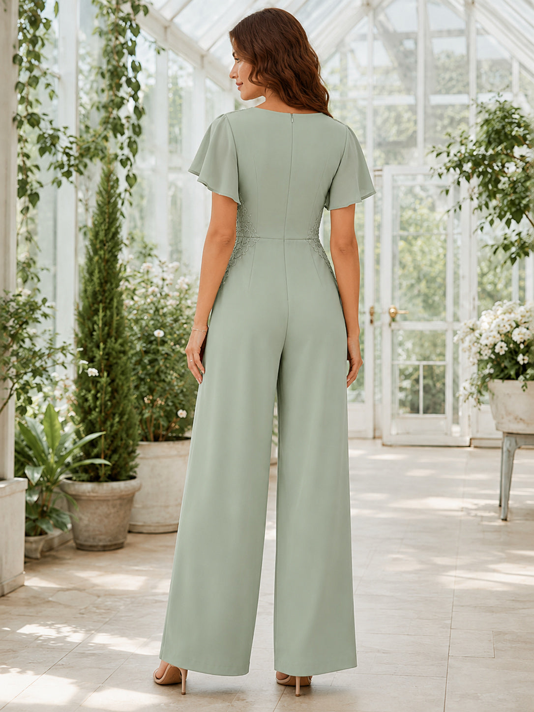 Sage V Neck Flutter Sleeve Pleated Wide Leg Chiffon Modern Firmung Jumpsuit back view