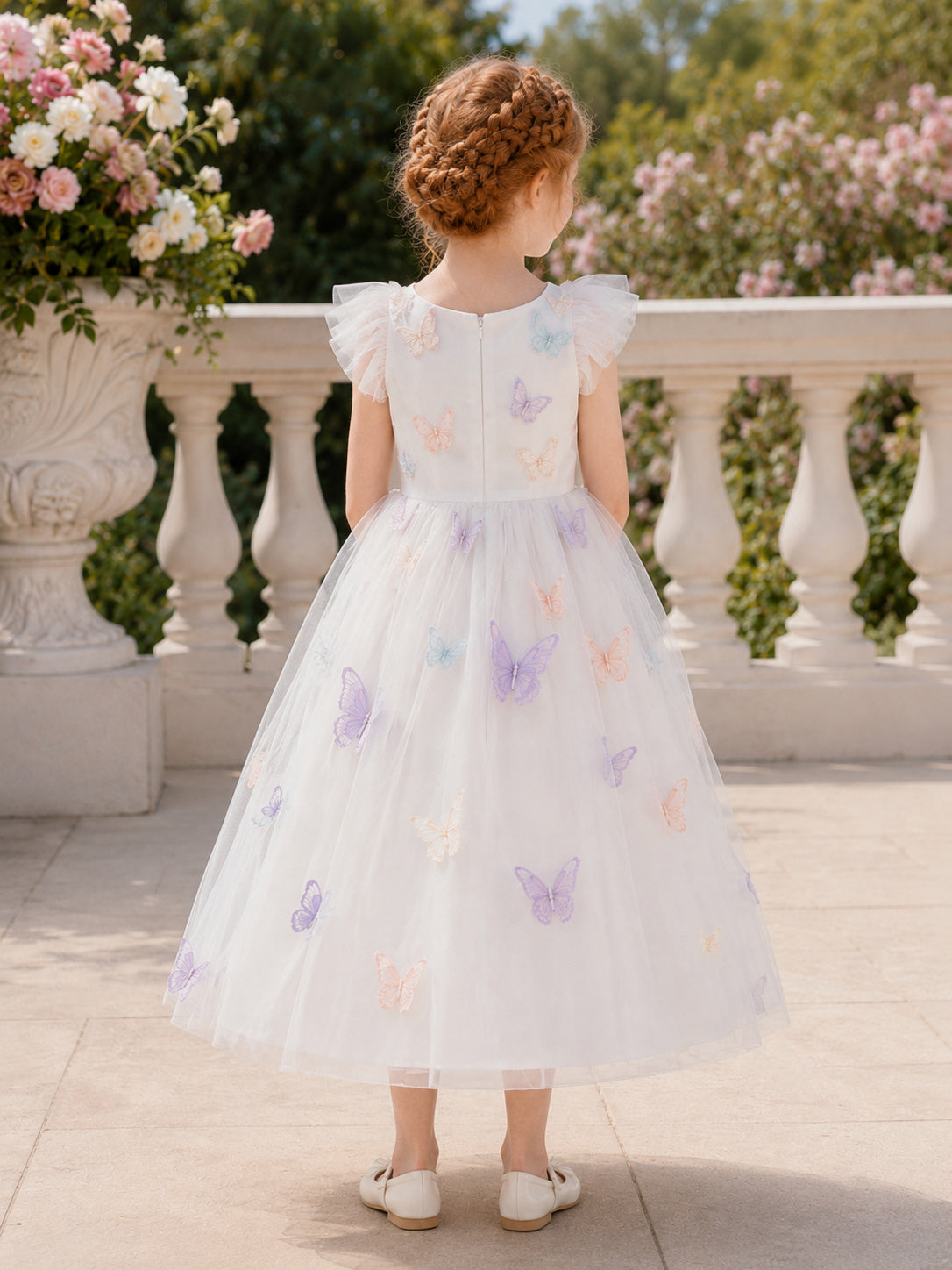 White Flower Girl Dress with Layered Petal Sleeves, Pastel Butterfly Appliques, Jewel Neck and Tea-Length Tulle A-Line Skirt