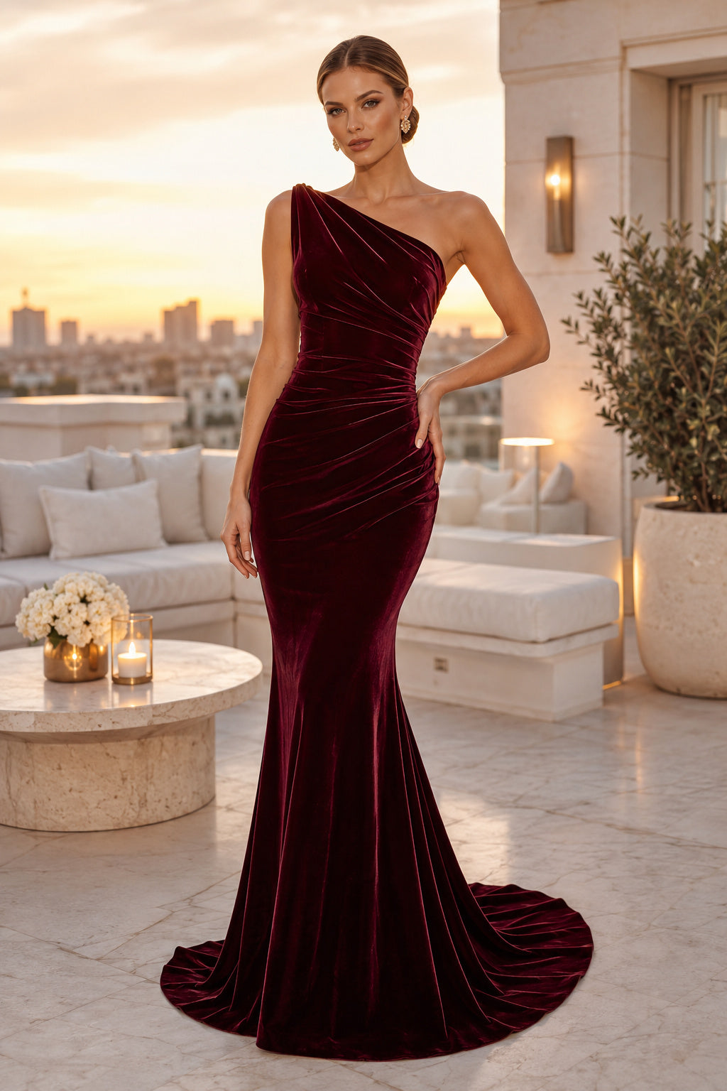 Burgundy one shoulder velvet mermaid gown with ruched waist and sweep train Floor-length And Sweep/Brush Train Mermaid Trumpe