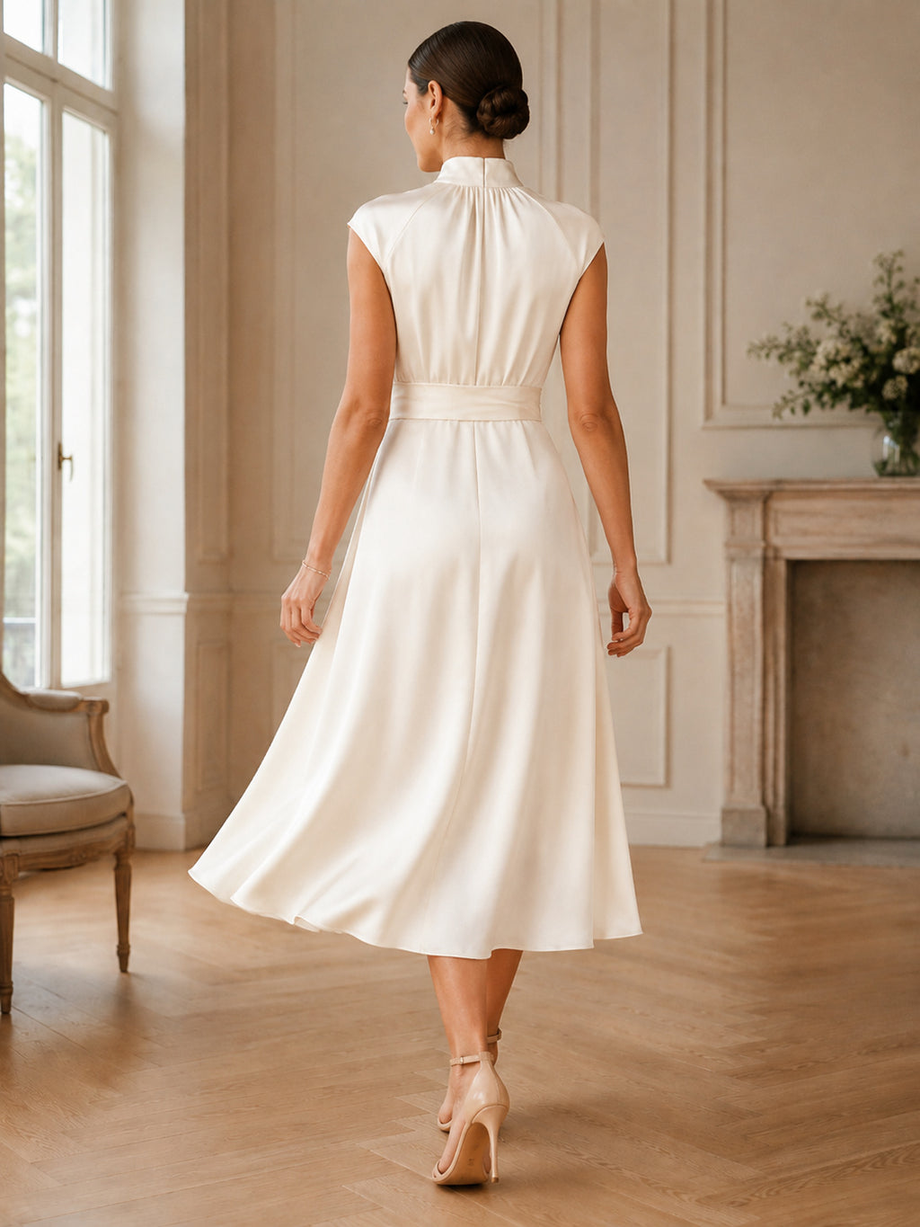 Ivory High Neck Cap Sleeve Satin A Line Midi Dress back view