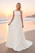 White Bateau Neck Simple Chiffon A-Line Wedding Dress Sweep Train for Bridal Ceremony and Reception front view