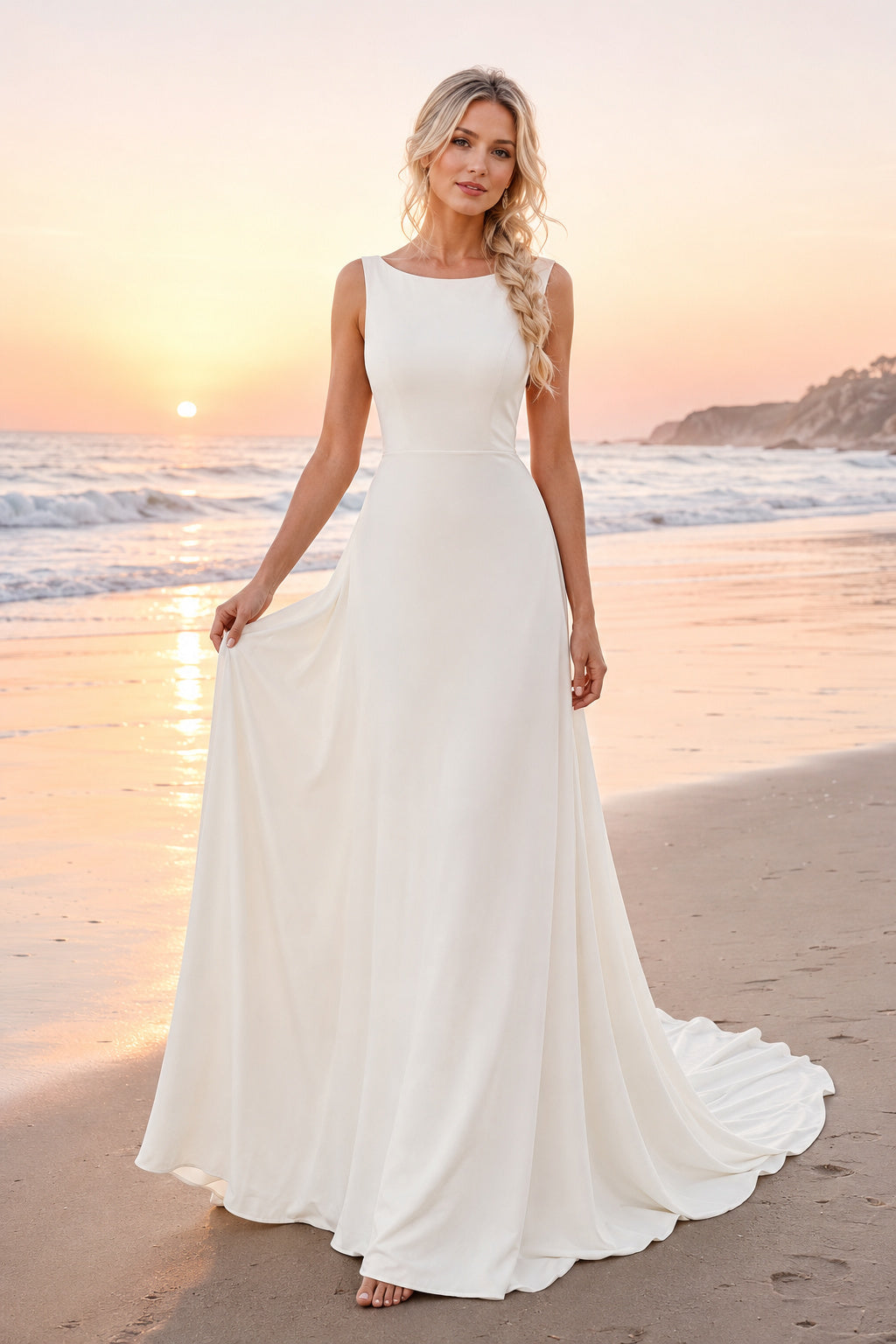 White Bateau Neck Simple Chiffon A-Line Wedding Dress Sweep Train for Bridal Ceremony and Reception front view