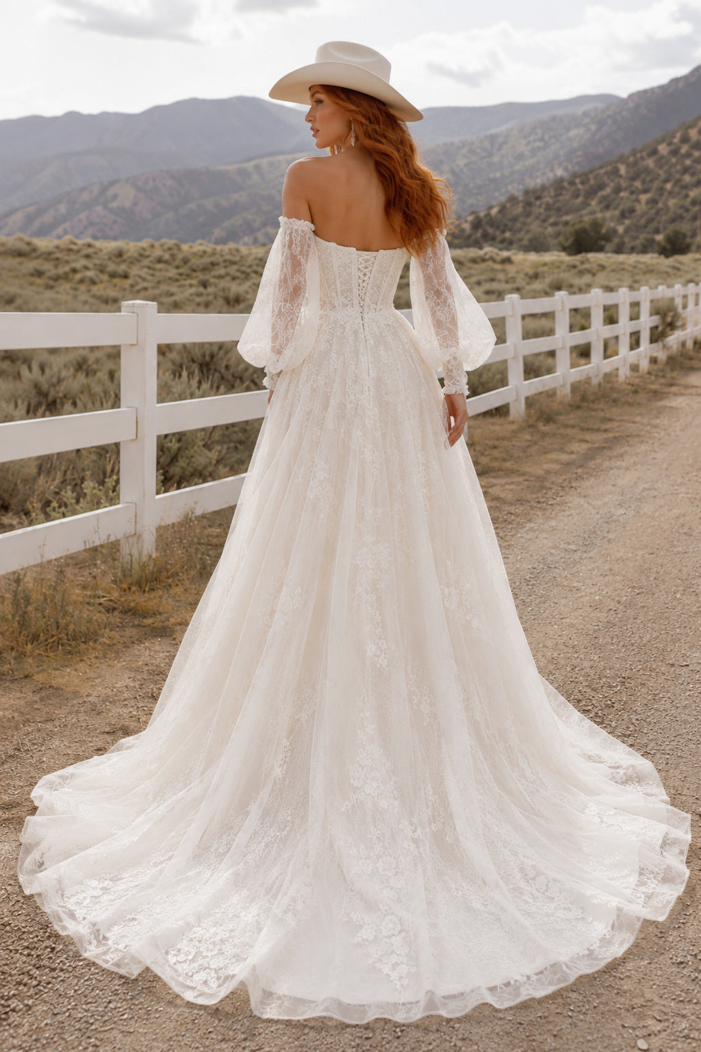 Off the Shoulder Long Sleeve A-Line Wedding Dress with Lace Bodice and Tulle Train back view