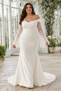 Plus Size Ivory Off-the-Shoulder Sheath Wedding Dress with Lace Sleeves front view
