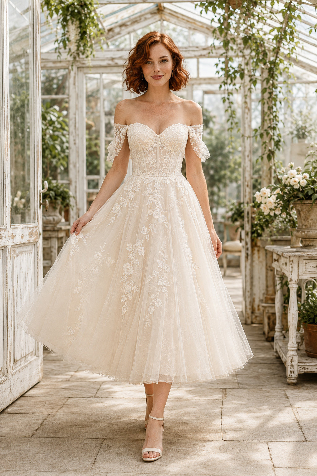 Ivory Off Shoulder Applique Tulle Tea Length Wedding Dress for Wedding Ceremony and Reception front view