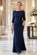 Dark Navy Bateau Sheath Mother Dress with Beaded Shoulders and Three Quarter Sleeves front view