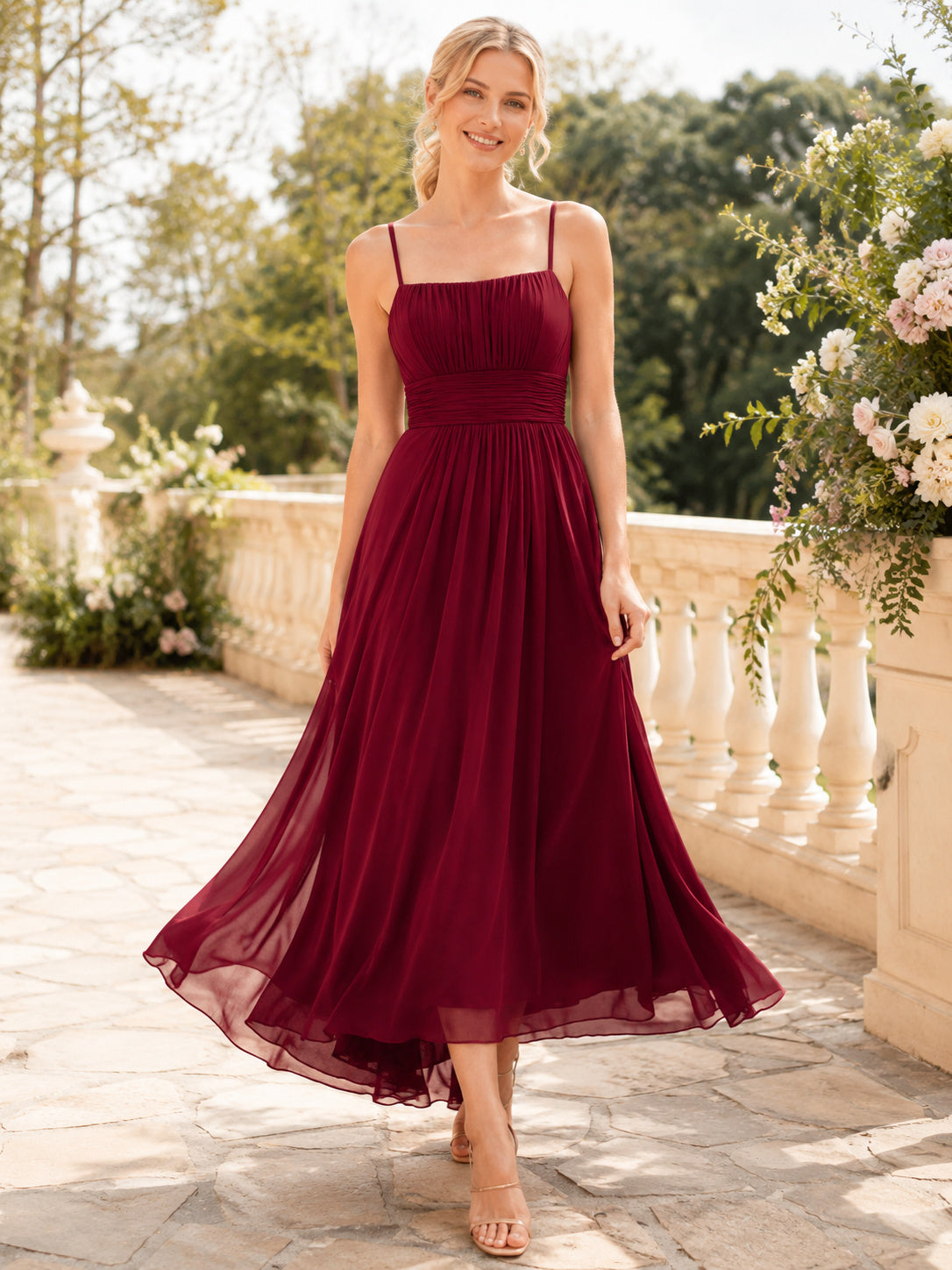 Burgundy spaghetti strap chiffon tea length A line occasion dress front view