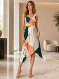 Green Graphic Print V-Neck Asymmetric Satin Midi Guest Dress front view
