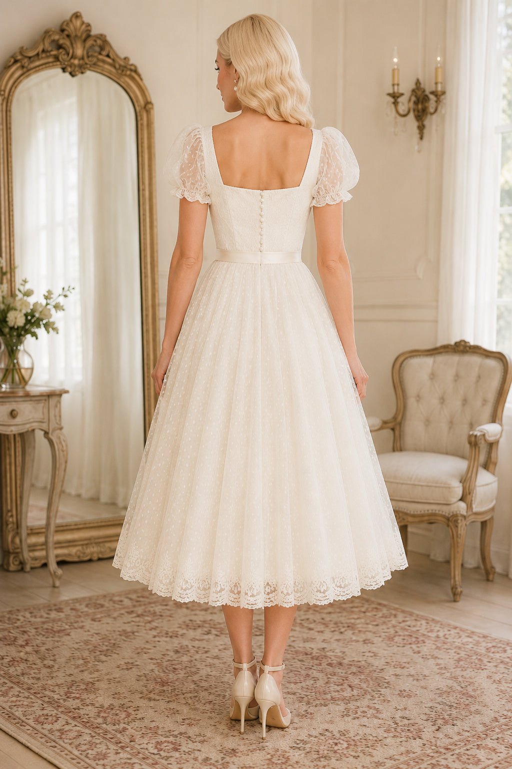 Ivory Square Neck Puff Sleeve Tea Length Wedding Dress for Wedding Ceremony and Reception back view