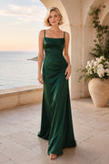 Dark Green Spaghetti Strap Satin Sheath Formal Dress with Cowl Drape and Low Back front view