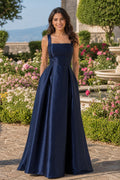 Navy Square Neck Floor-Length Satin A-Line Dress