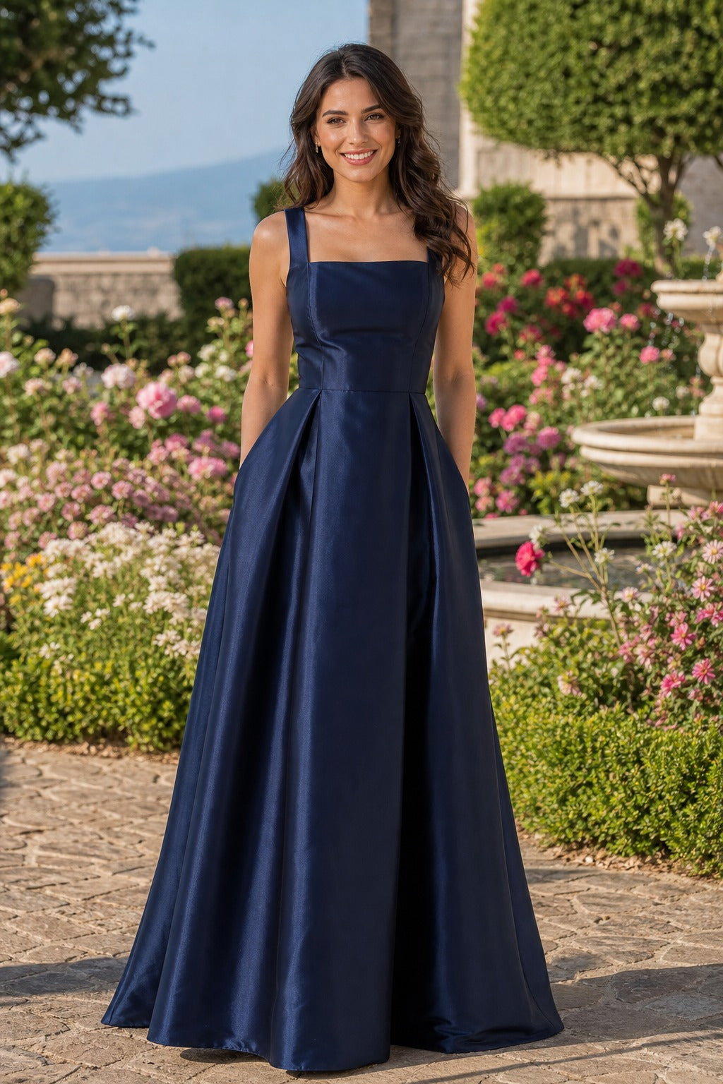 Navy Square Neck Floor-Length Satin A-Line Dress