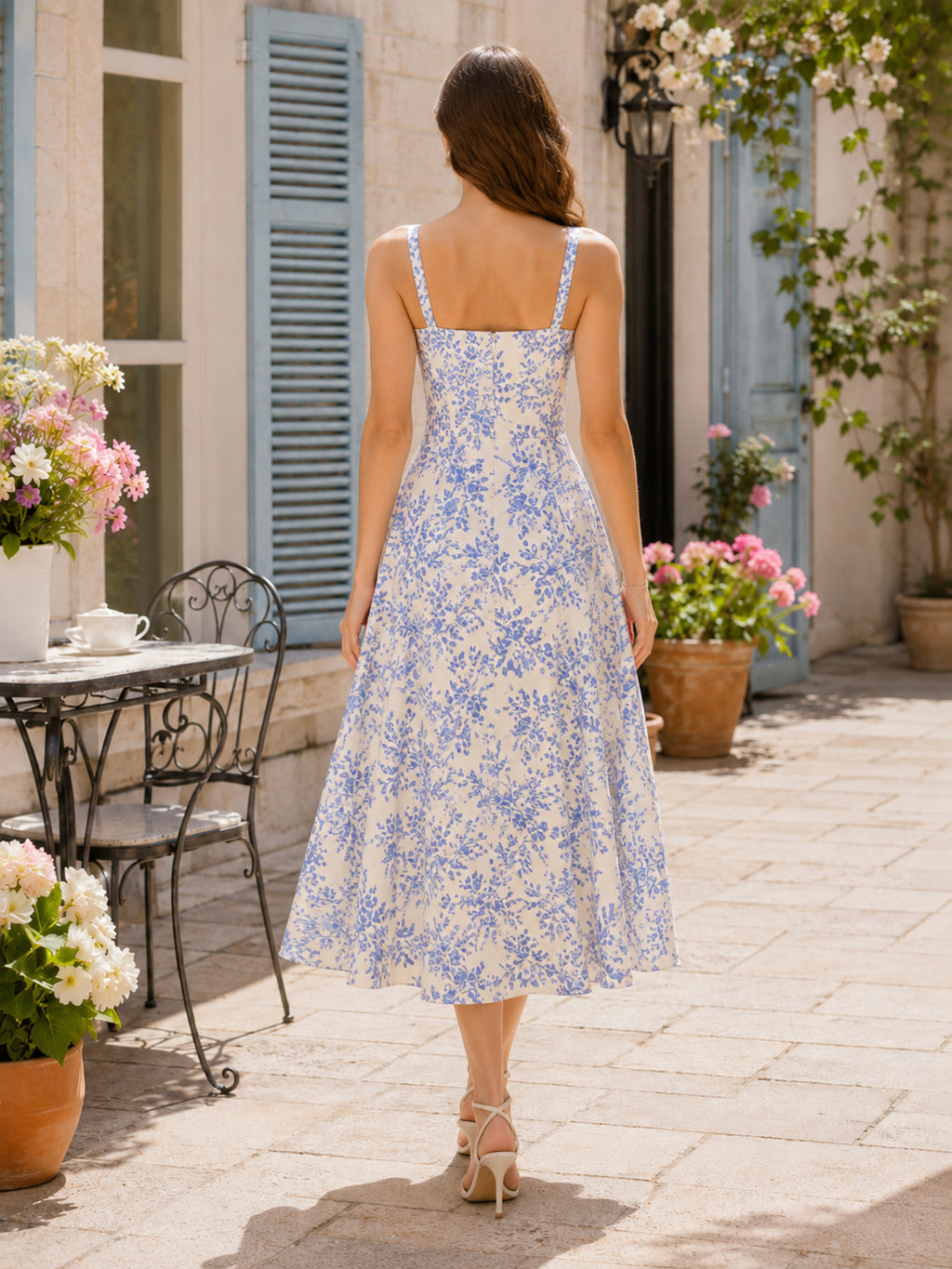 Blue Floral Spaghetti Strap Rehearsal Brunch Midi Dress back view