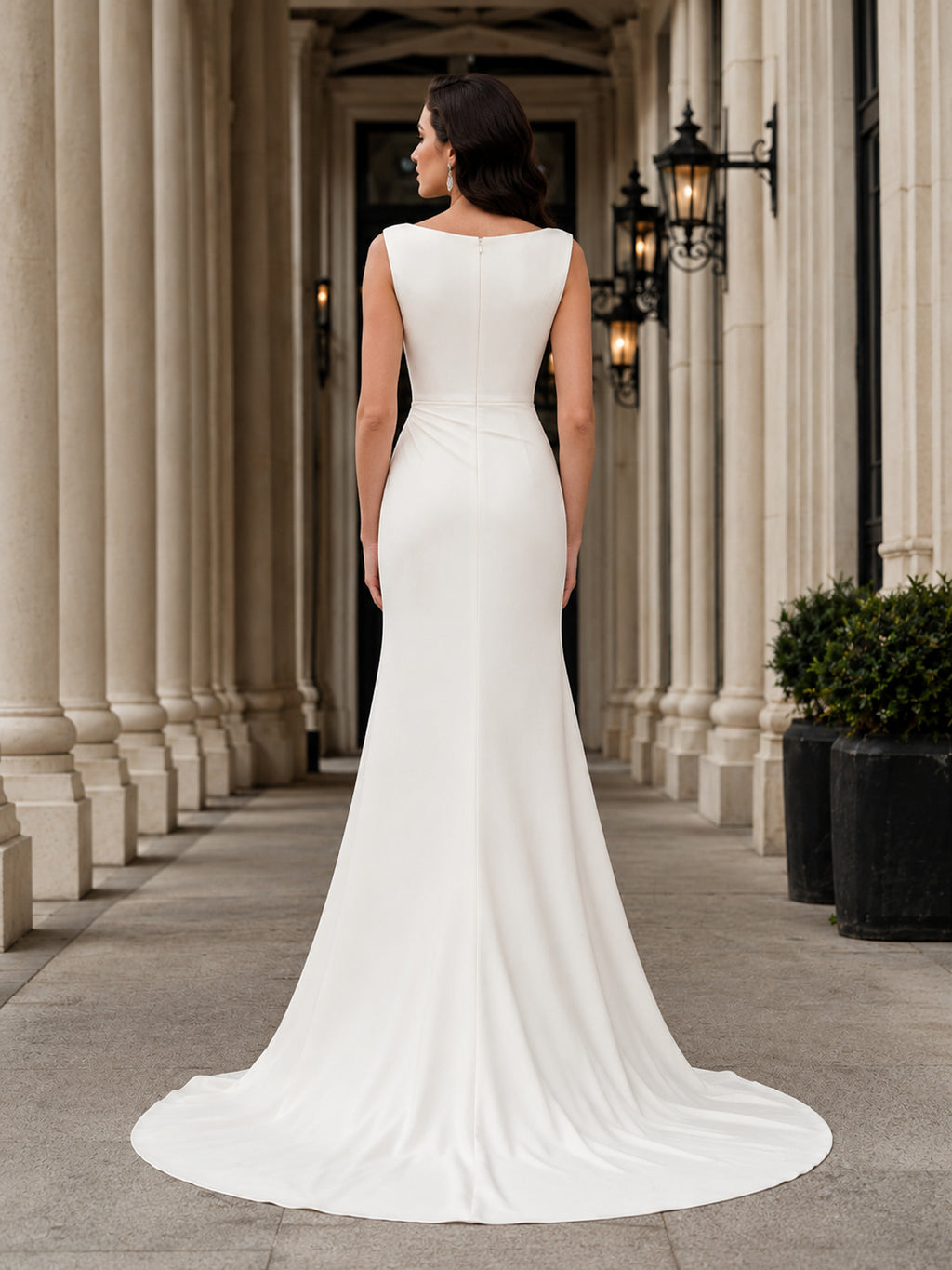 Sleeveless Bateau Crepe Sheath Sweep Train Wedding Dress back view