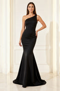 Black One-Shoulder Satin Mermaid Formal Dress with Clean Bodice and Sweep Train front view