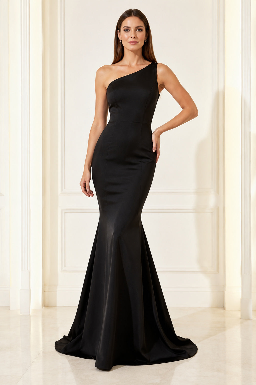 Black One-Shoulder Satin Mermaid Formal Dress with Clean Bodice and Sweep Train front view