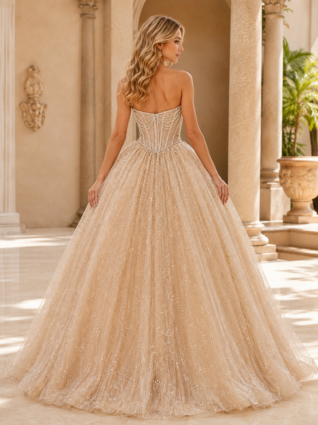 Champagne Luxury Strapless Pearl Draped Corset Glitter Quinceanera Princess Ball Gown back view