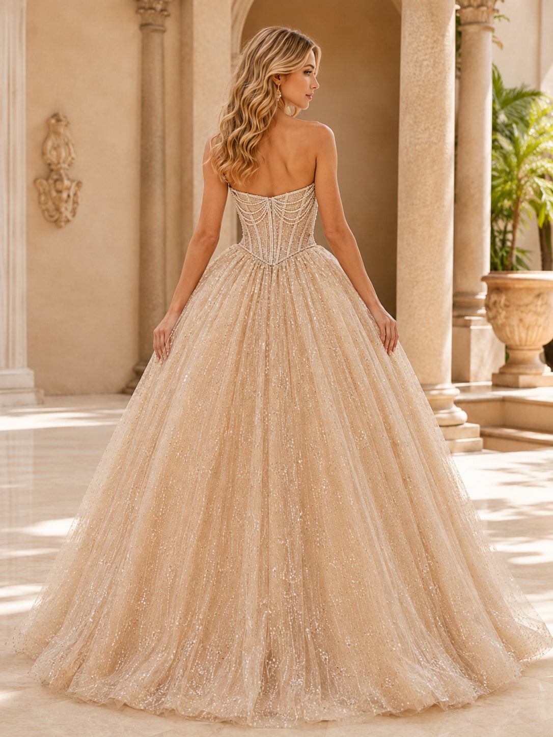 Champagne Luxury Strapless Pearl Draped Corset Glitter Quinceanera Princess Ball Gown back view