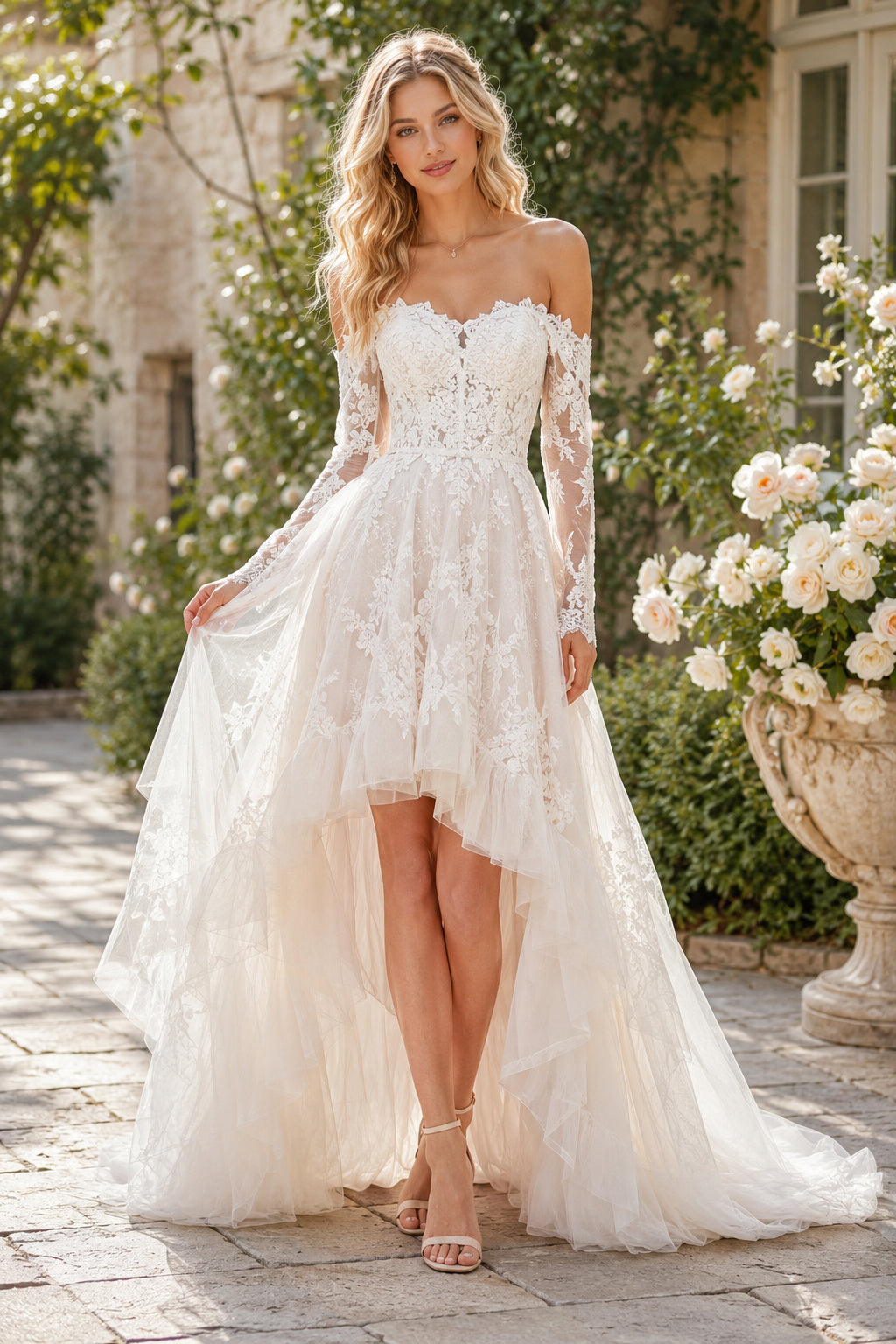 Ivory Off-the-Shoulder High-Low Lace Wedding Dress with Long Sleeves and Sweep Train front view