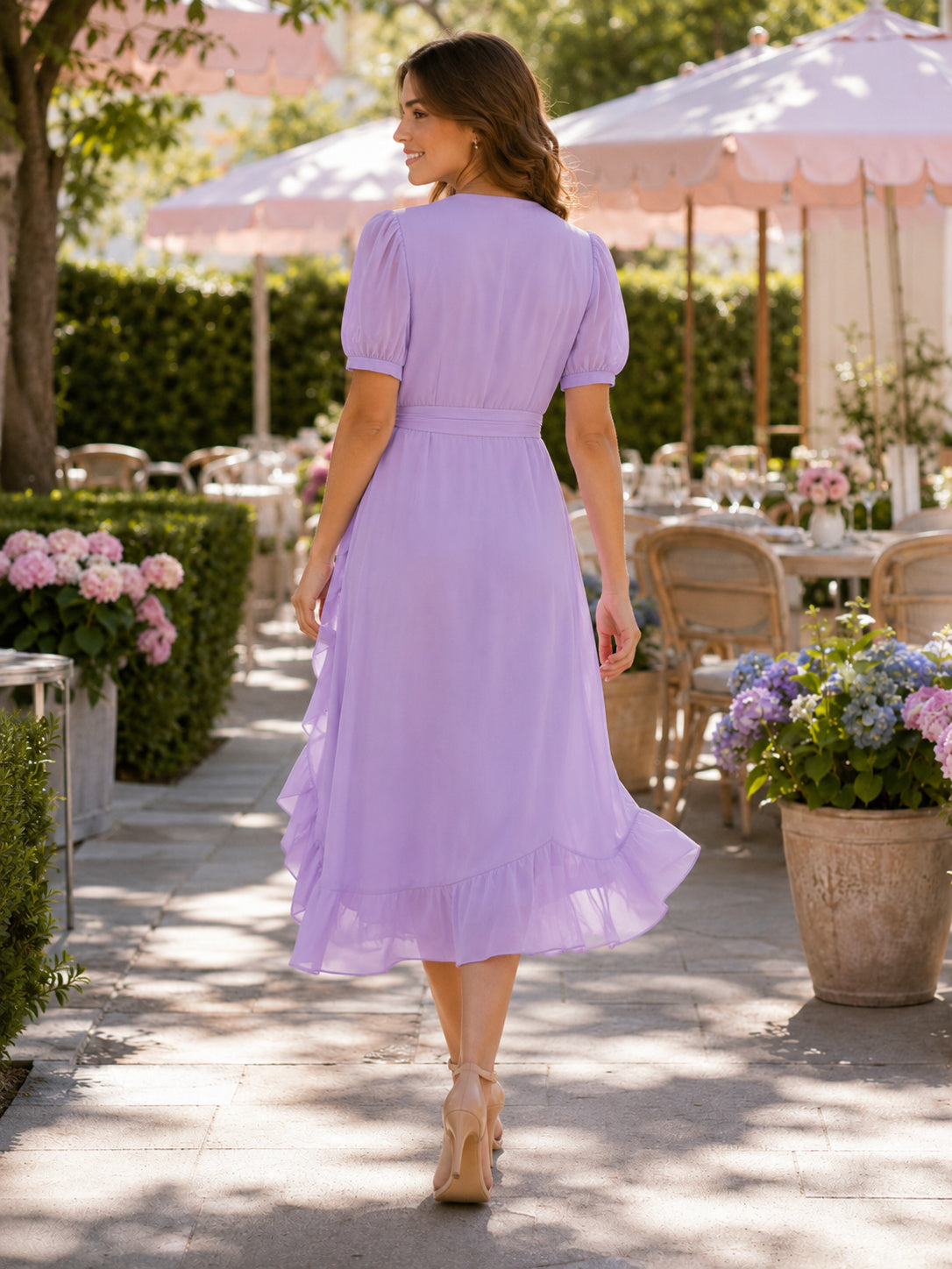 Lavender V Neck Wrap Ruffle Hem Garden Midi Dress back view