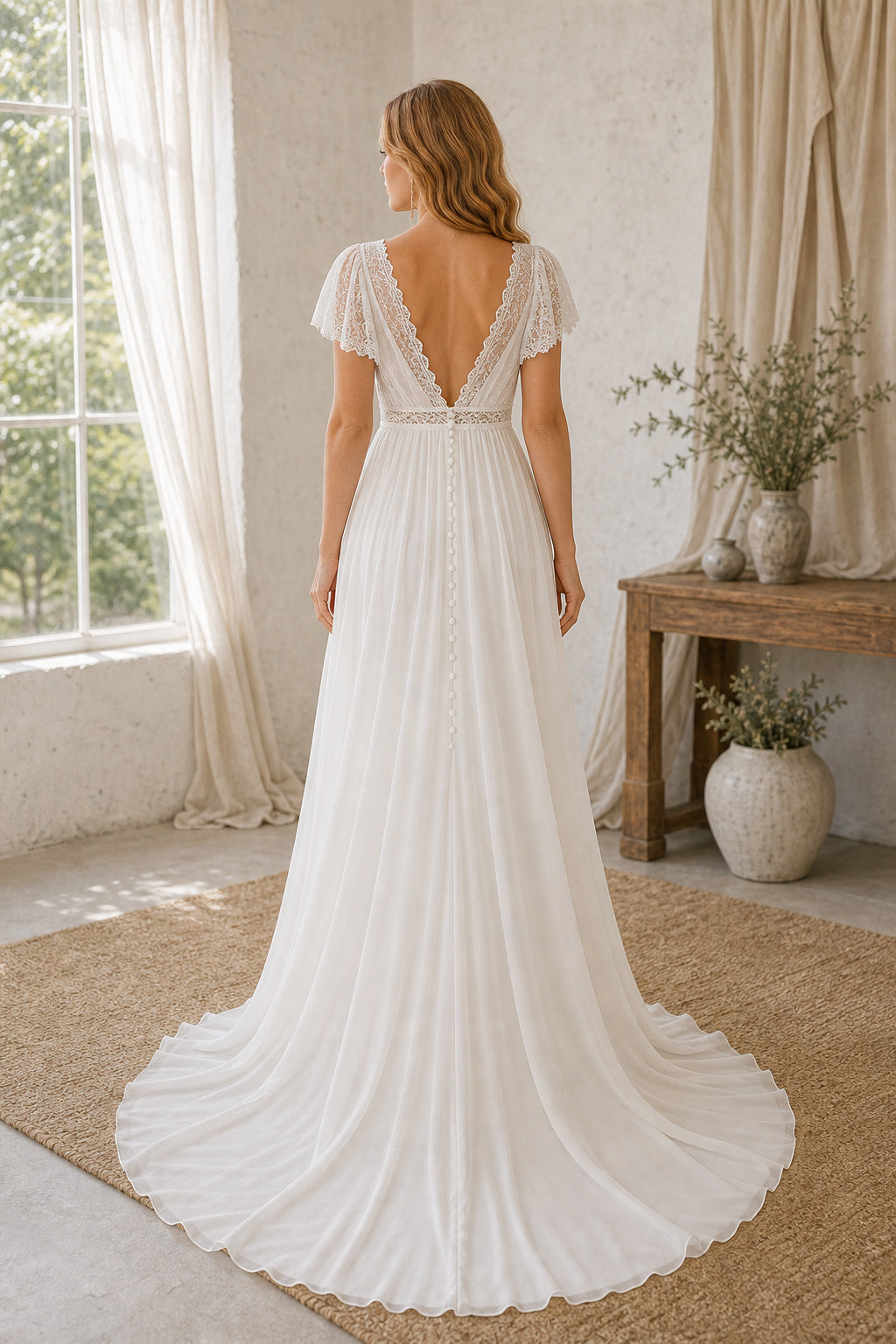 White Square A-Line Chiffon Floor-length Wedding Dress With Layered Skirt and Beaded Bodice and Open Back