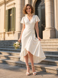 V Neck Short Sleeve High Low Civil Wedding Dress front view