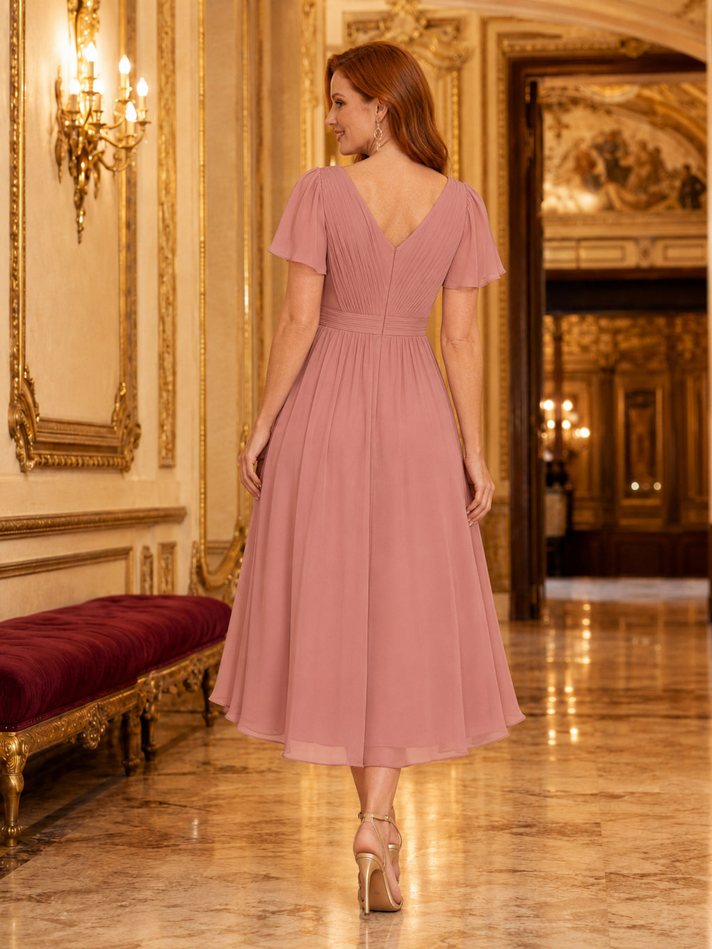 Dusty Rose Formal Theater Wedding Guest Bridesmaid Cocktail Formal Dress A-Line Tea-Length V-Neck Short Sleeve Chiffon Zipper