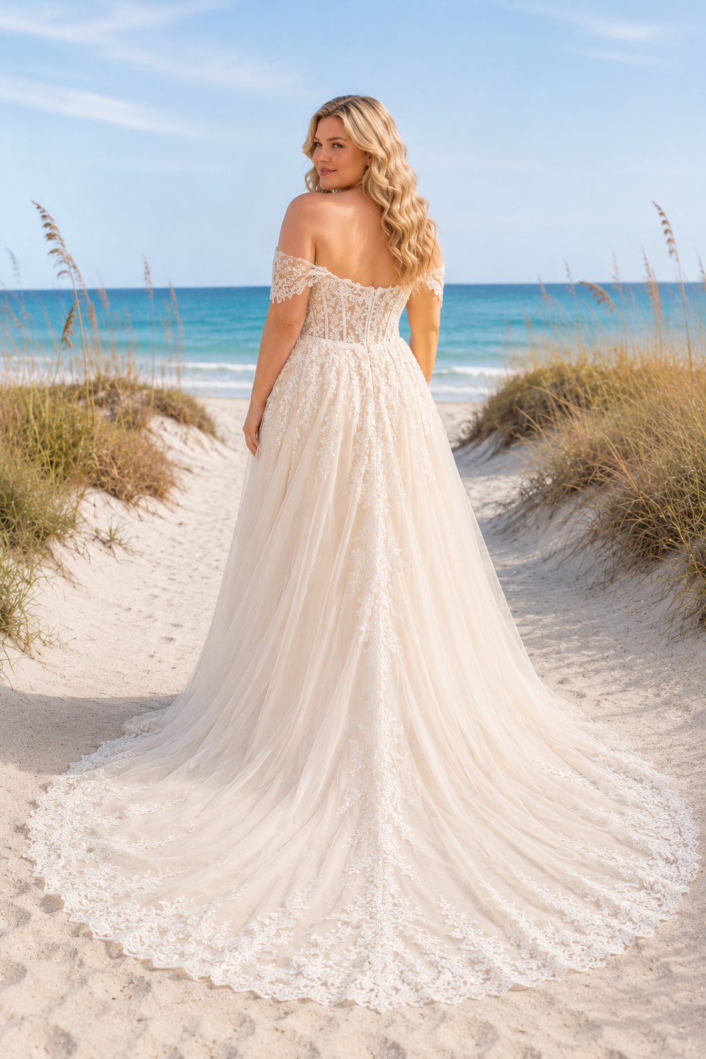 Ivory Plus Size Off-the-Shoulder Sweetheart A-Line Wedding Dress with Lace Applique Train back view