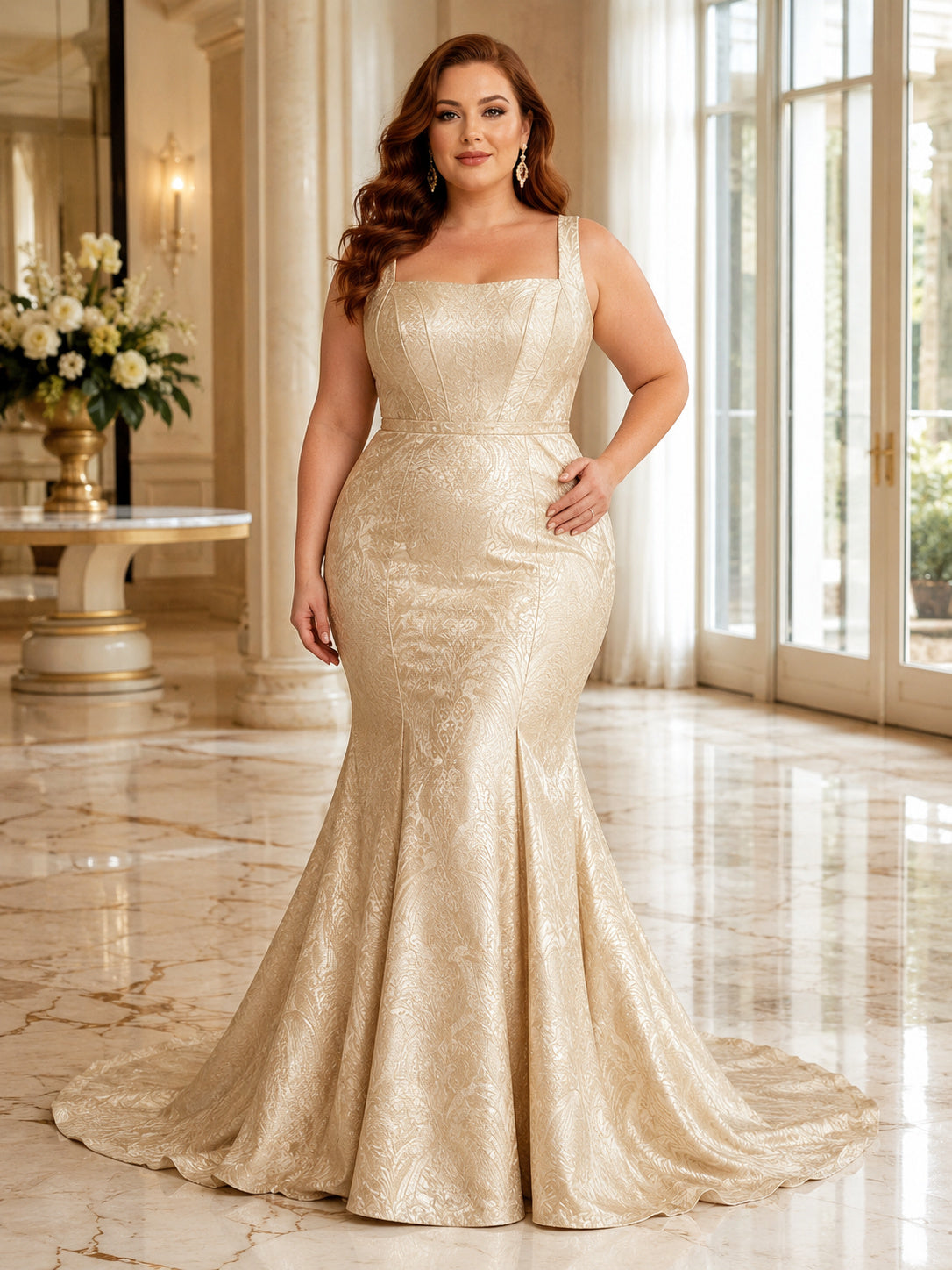 Plus Size Gold Square Neck Metallic Pattern Mermaid Sweep Train Nontraditional Wedding Gown front view