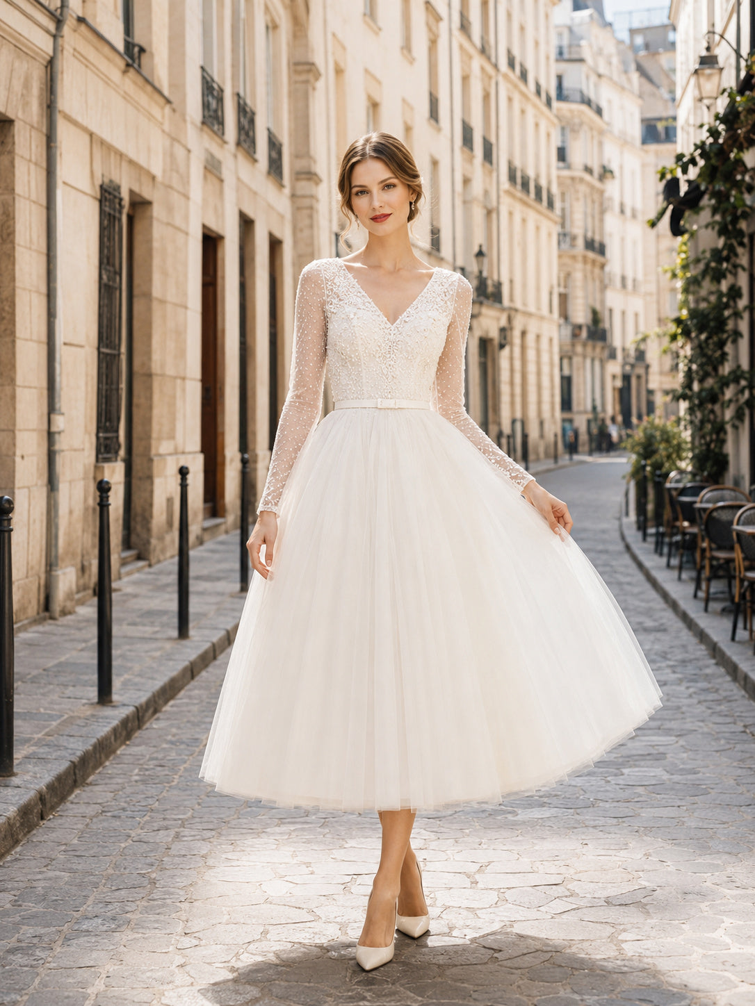 Vintage Tulle Wedding Dress A-Line V-Neck Long Sleeve Tea Length Bridal Gown front view
