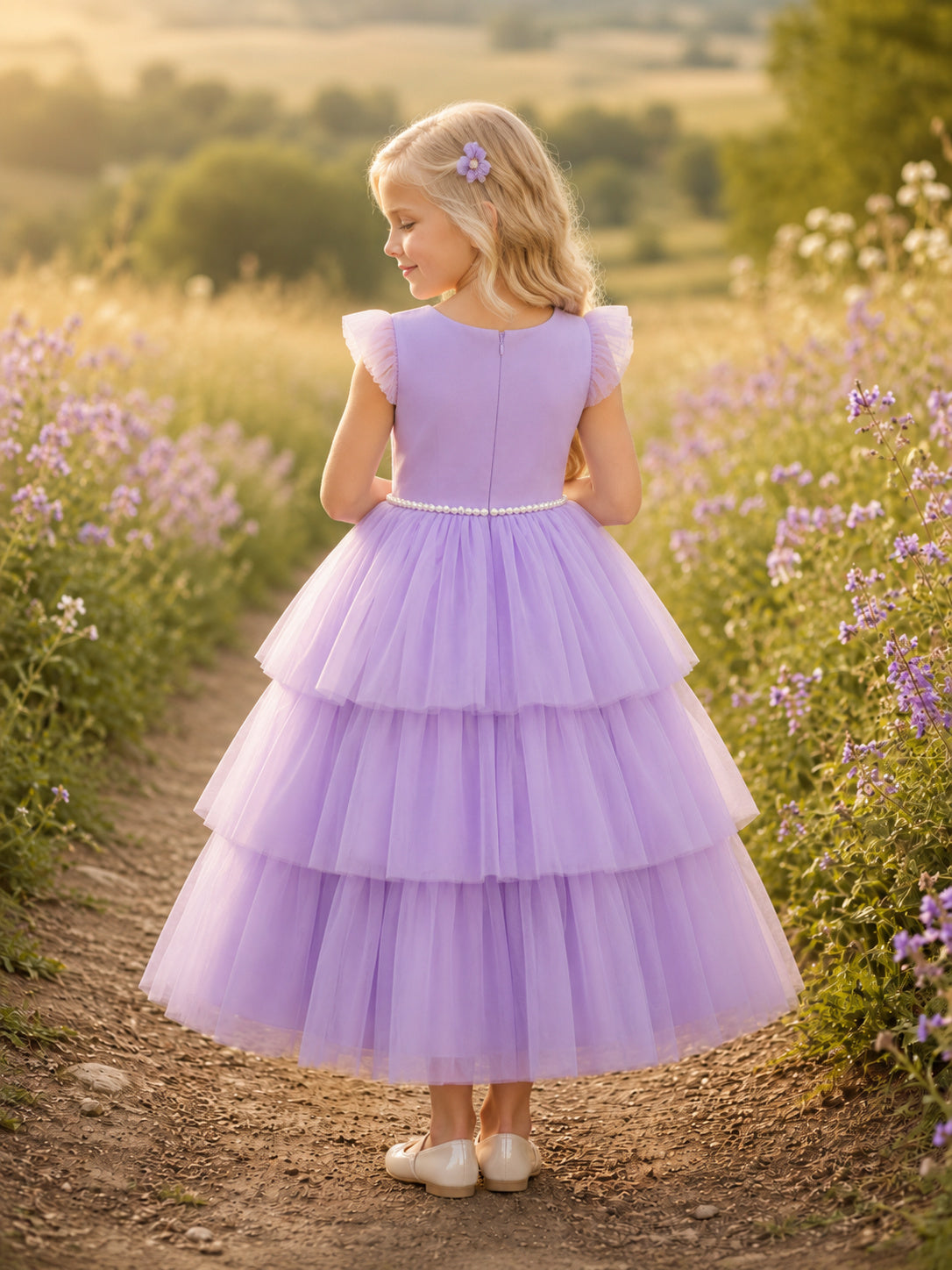 Lavender Petal Sleeve Tiered Tulle A-Line Tea-Length Pearl Flower Girl Garden Wedding Dress back view