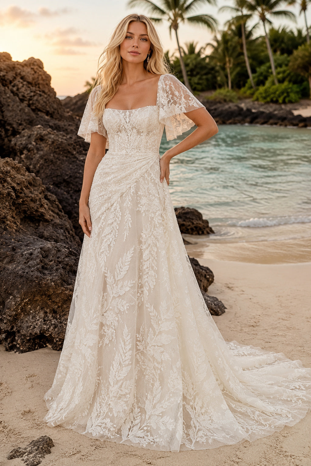 Ivory Short Sleeve Scoop Lace A-Line Wedding Dress Chapel Train for Bridal Ceremony and Reception front view