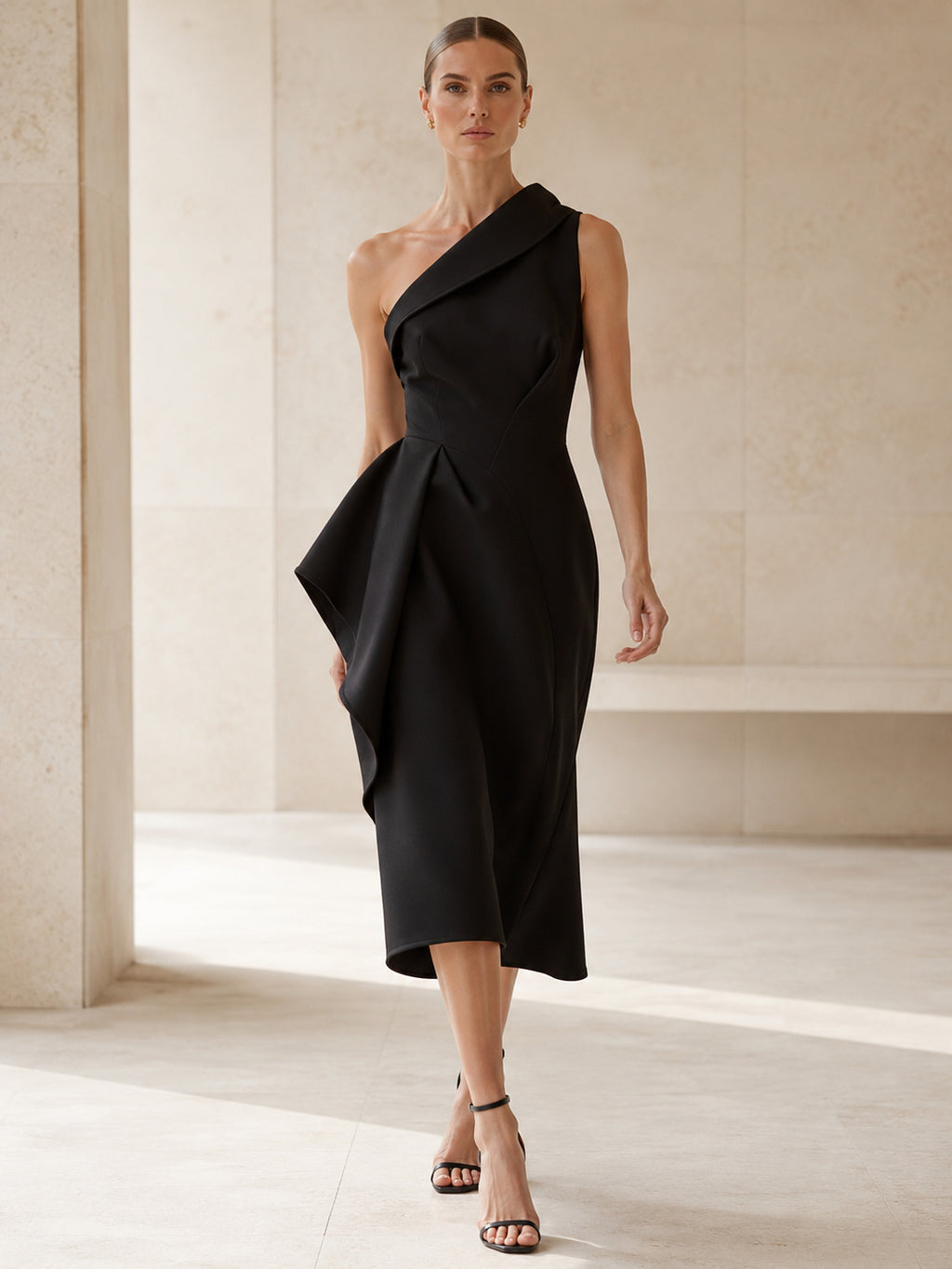 Black one shoulder architectural peplum midi cocktail dress front view