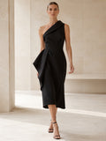 Black one shoulder architectural peplum midi cocktail dress front view