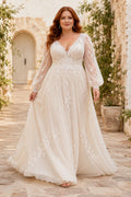 Plus Size Ivory V-Neck Bishop Sleeve Lace Tulle A-Line Wedding Dress with Bishop Sleeves and Flowing Tulle Skirt front view