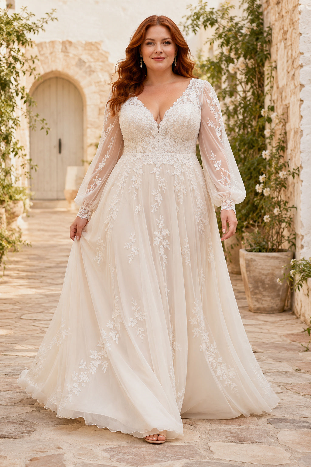 Plus Size Ivory V-Neck Bishop Sleeve Lace Tulle A-Line Wedding Dress with Bishop Sleeves and Flowing Tulle Skirt front view