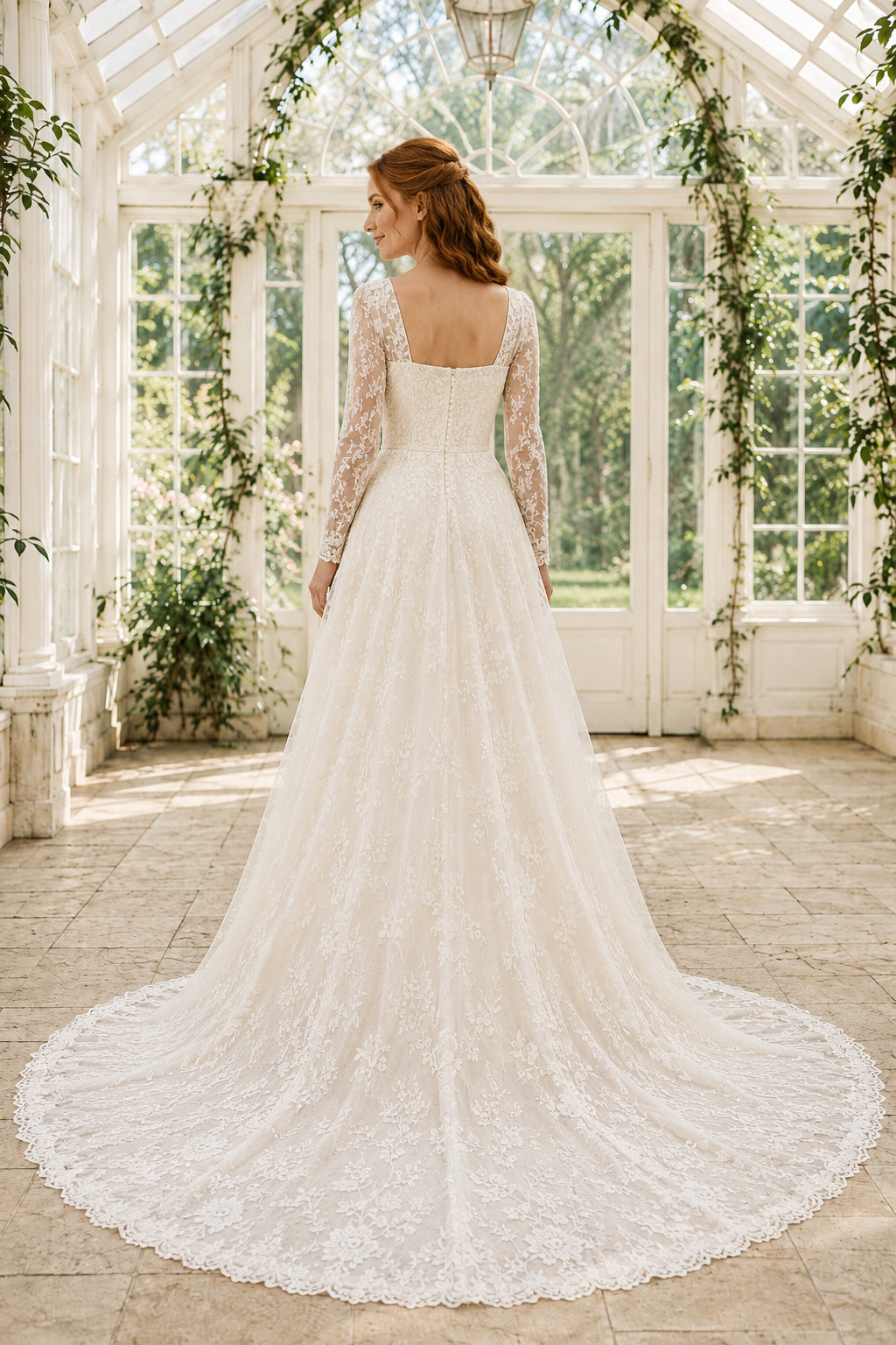 Square Neck Long Sleeve A-Line Wedding Dress with Allover Lace and Chapel Train for Beach Garden Ceremony back view