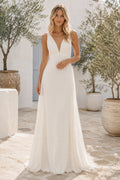 Ivory Simple V-Neck Sleeveless Chiffon Sheath Wedding Dress with Low V Back front view