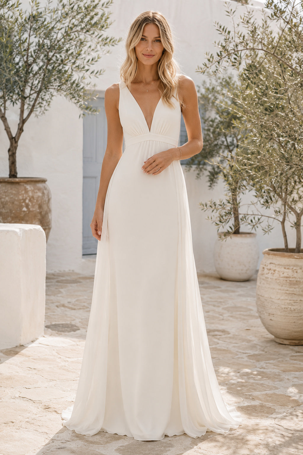 Ivory Simple V-Neck Sleeveless Chiffon Sheath Wedding Dress with Low V Back front view