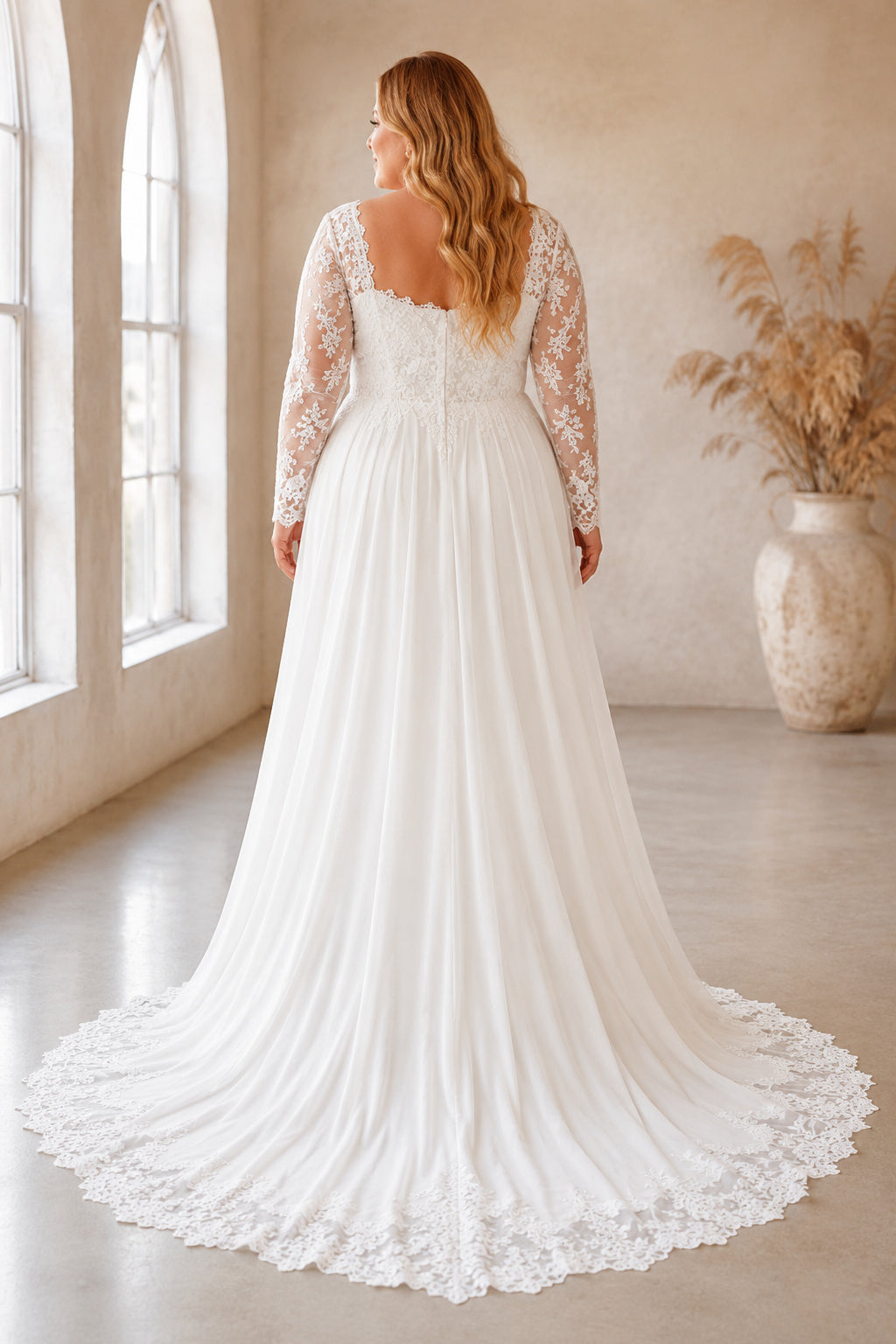 Plus Size Ivory Sweetheart V-Neck Bishop Sleeve Lace Tulle A-Line Wedding Dress with Split Front Skirt and Bishop Sleeves bac