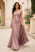 Dusty Rose One-Shoulder Satin Sheath Formal Dress with Ruched Bodice and Side Split front view