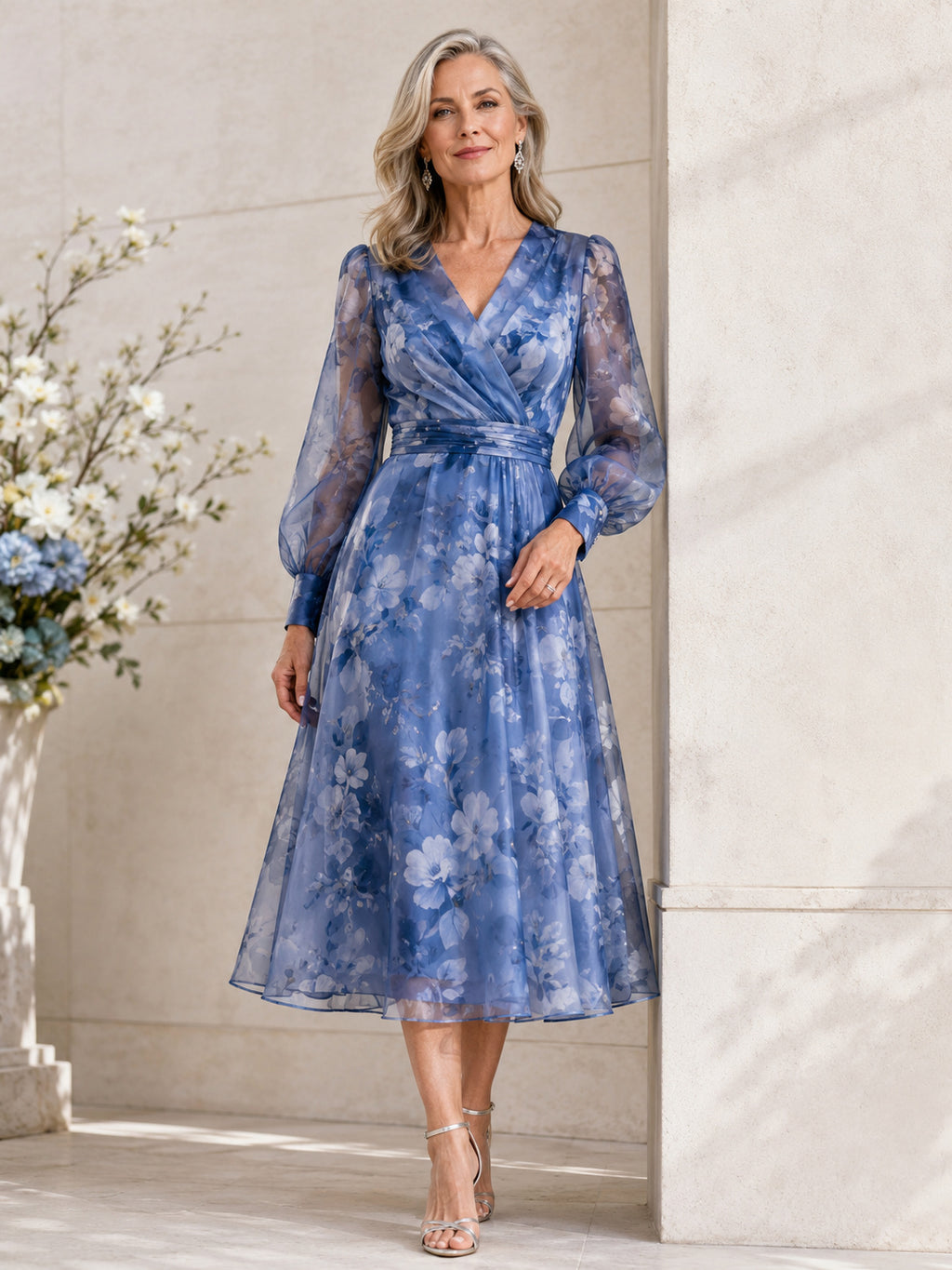 Royal Blue Modern Tea-Length A-Line Mother of the Bride Printed Organza Wrap Dress with V-Neck and Long Balloon Sleeves front