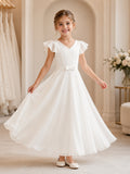 Ivory Sleek Modern Bow Back A-Line Flower Girl Dress with Flutter Sleeves, V-neck Neck and Floor-Length Skirt front view
