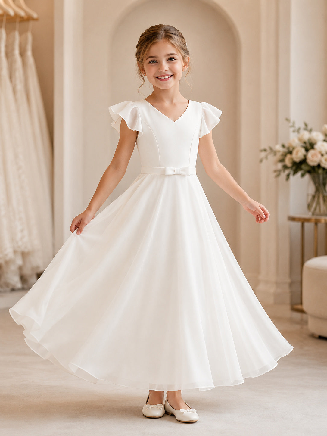 Ivory Sleek Modern Bow Back A-Line Flower Girl Dress with Flutter Sleeves, V-neck Neck and Floor-Length Skirt front view