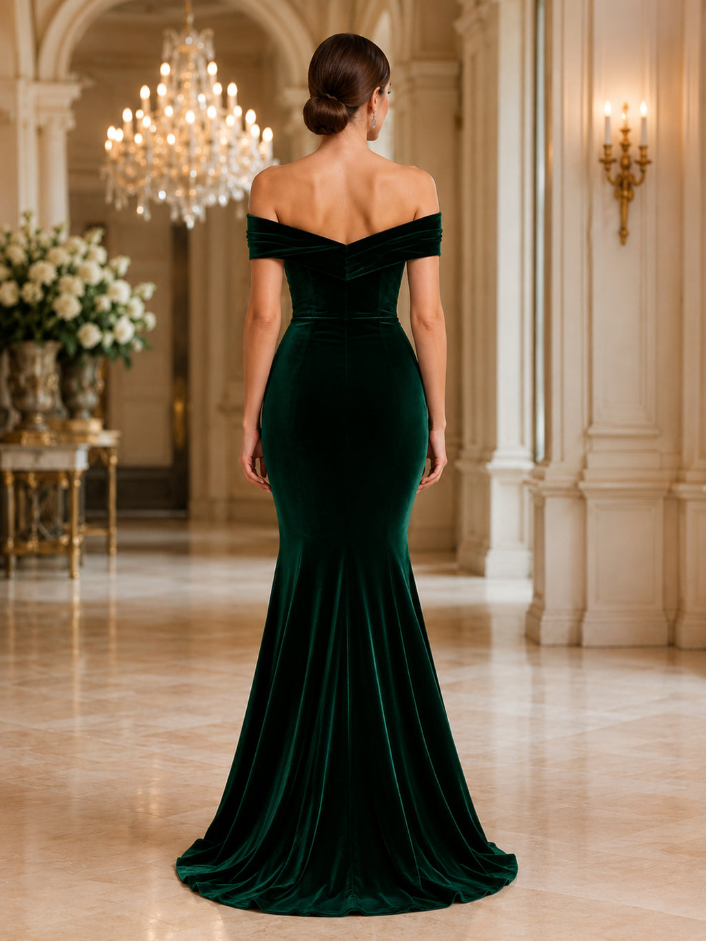 Dark Green Black Tie Wedding Guest Bridesmaid Evening Formal Dress Mermaid Trumpet Floor-Length Off-Shoulder Sleeveless Velve