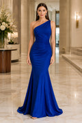 Royal Blue One Shoulder Stretch Satin Mermaid Gown with Clean Sweep Train Floor Length And Sweep/Brush Train Mermaid Trumpet