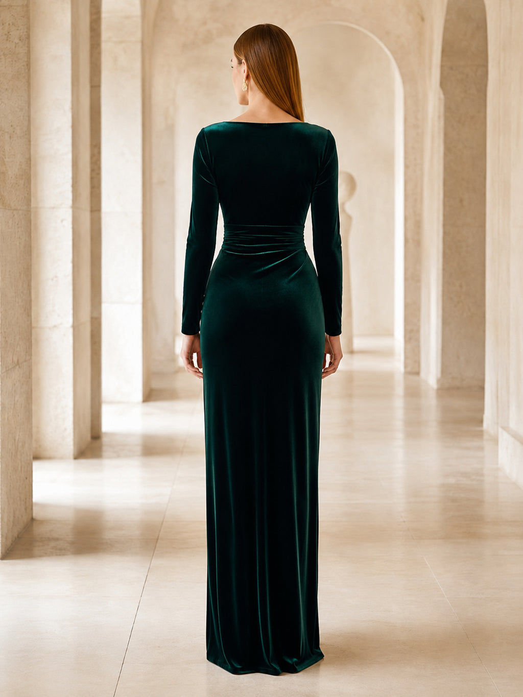Dark Green Long Sleeve Velvet Column Evening Gown back view