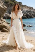 Ivory Flutter Sleeve V-Neck Chiffon A-Line Wedding Dress Split Front for Bridal Ceremony and Reception front view