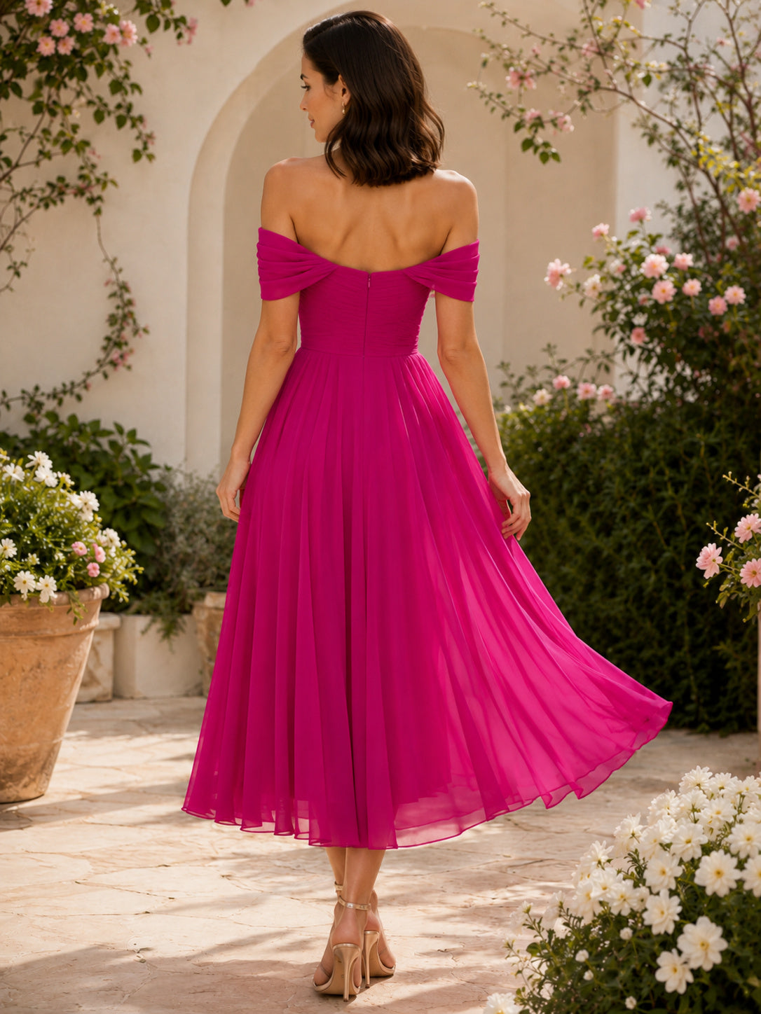 Fuchsia Off Shoulder Chiffon Tea Length A Line Guest Dress back view