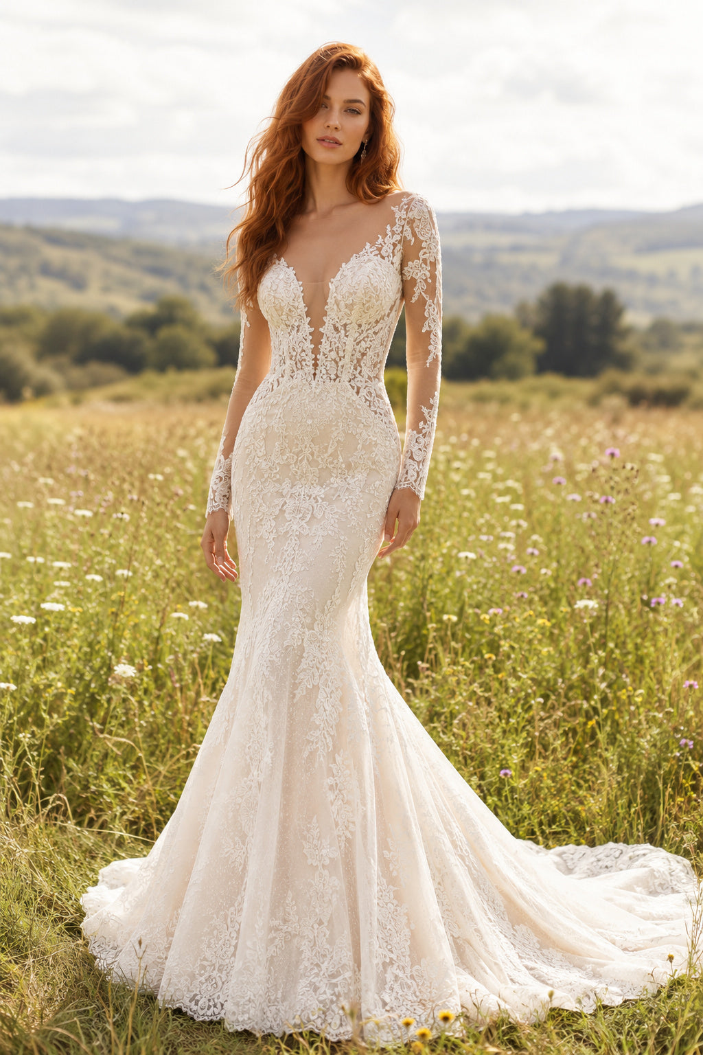 Ivory Sexy V-Neck Mermaid Allover Lace Wedding Dress with One Long Lace Sleeve and Chapel Train front view